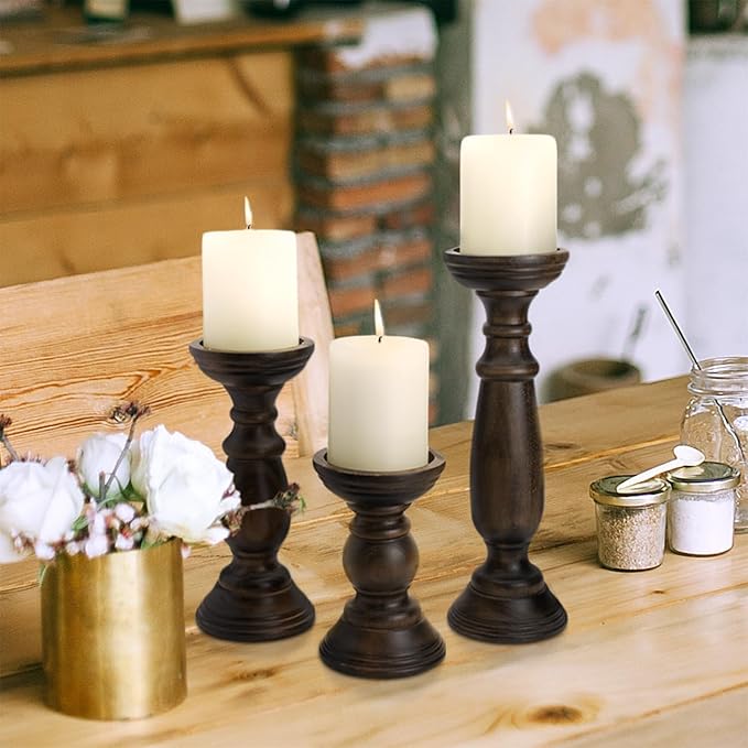 Rustic Wooden Pillar Candle Holders Set of 3, 12'' 9'' 6'' Farmhouse Wood Candle Stand for Table Centerpieces, Vintage Tall Candleholders Fireplace Mantel Decor for Living Room, Dark Brown