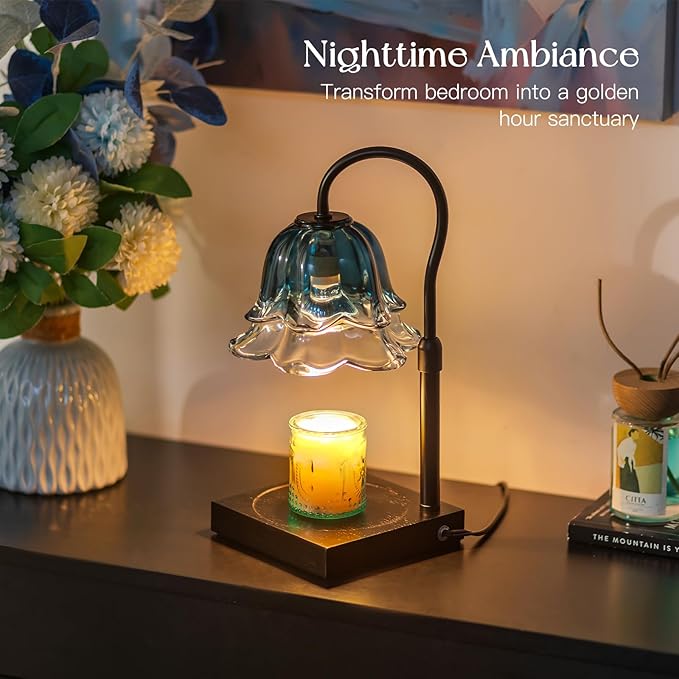 Candle Warmer Lamp with Timer: Navy Blue Flower Candle Warming Lamp with 2 Bulbs Height Adjustable Wax Warmer Dimmable Bedroom Decor Birthday Gift for Women