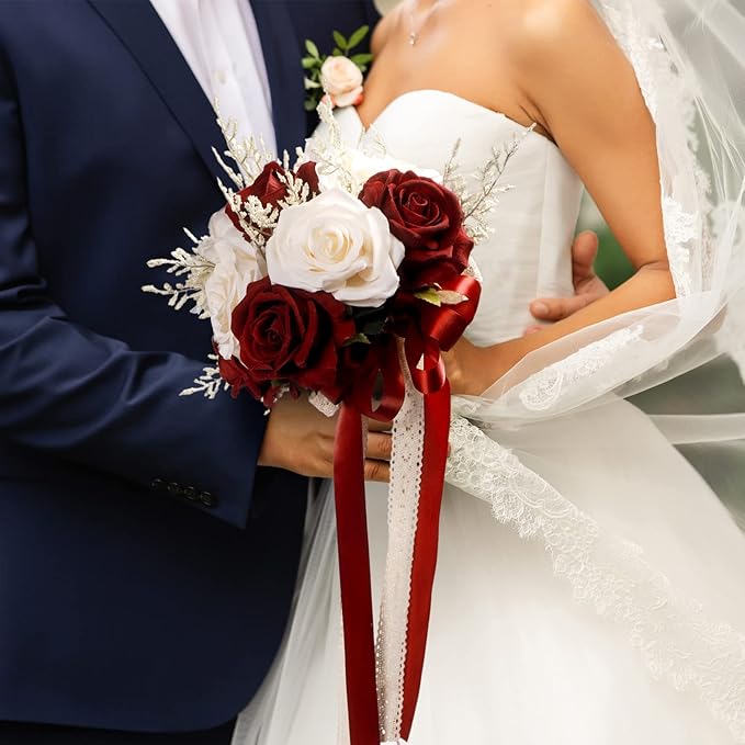 Wedding Bouquets for Bride, Champagne White & Burgundy Bridal Bridesmaid Wedding Flowers, Artificial Toss Rose for Civil Ceremony (Hollow Lace Ribbon Handle)