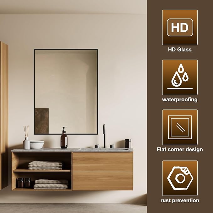 24" x 32" Black Metal Framed Bathroom Mirror - Rounded Rectangle Matte Black Vanity Mirror, Anti-Rust Tempered Glass, Farmhouse Style Wall Mirror, Horizontal/Vertical Hanging