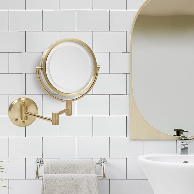 JERDON Wall-Mounted Makeup Mirror with Lights - Direct-Wired Lighted Makeup Mirror with 8X Magnification & Gold Finish - Model HL88BGLD