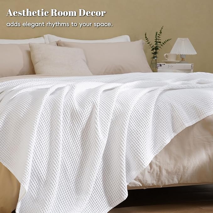 PHF 100% Cotton Waffle Weave Blanket Queen Size for Bed,Snag Proof Lightweight Breathable Moisture-Wicking Throw for Couch, Great for Layering in Cold Weather, Machine Washable, Home Decor Gift-White