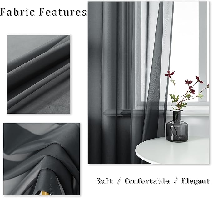 DUALIFE Charcoal Grey Sheer Curtains Grommet,Look Semi Sheer Windows Panels,Elegant Solid Color Touch Soft Drapes, 52X96 Inch for Living Room Bedroom,Set of 2 Panels