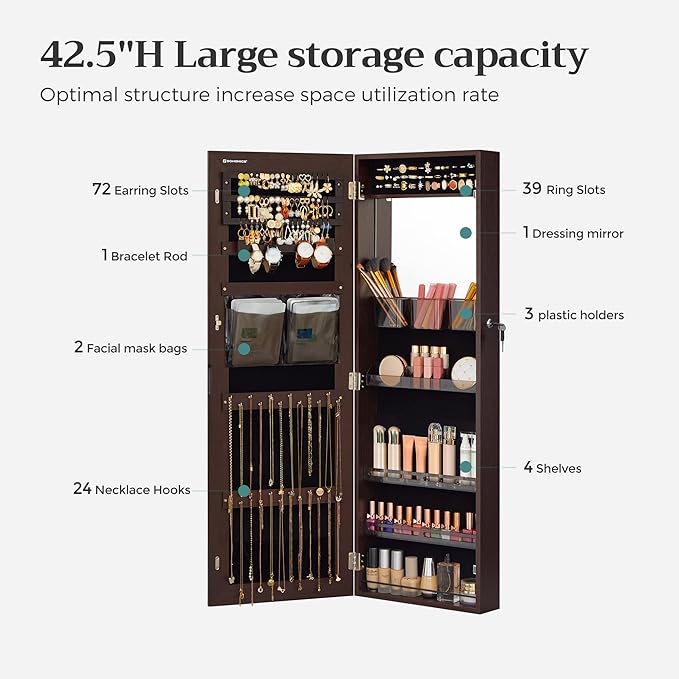 SONGMICS Jewelry Cabinet Armoire with Mirror, Wall or Door Mount Storage Organizer with Full-Length Frameless Mirror, Lockable Cabinet with Built-in Small Mirror, Shelves, Christmas Gift Idea, Brown