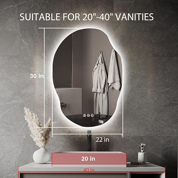 Irregular Led Bathroom Mirror with Bluetooth, 22 x 30 Inch Lighted Mirrors, Backlit Mirror with Anti-Fog, Memory Function, 3 Color Temperature, Dimmable Asymmetrical Led Mirror
