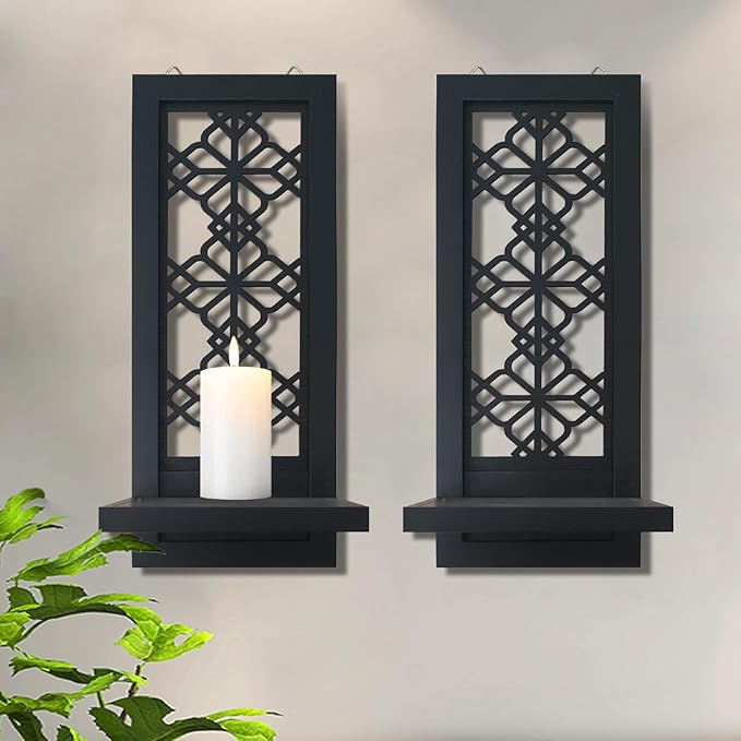 Set of 2 Candle Sconces, Farmhouse Accent Wall Sconce, Black Candle Holder Wall Decorations for Home Décor, Living Room, Dining Room.(15 x6 in)