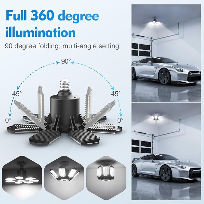TANBABY 250W LED Garage Lights 2 Pack, Total 30000LM Deformable Best Ceiling Light with 7+1 Panels, E26/E27 Screw in Bulbs for Basement, Attic