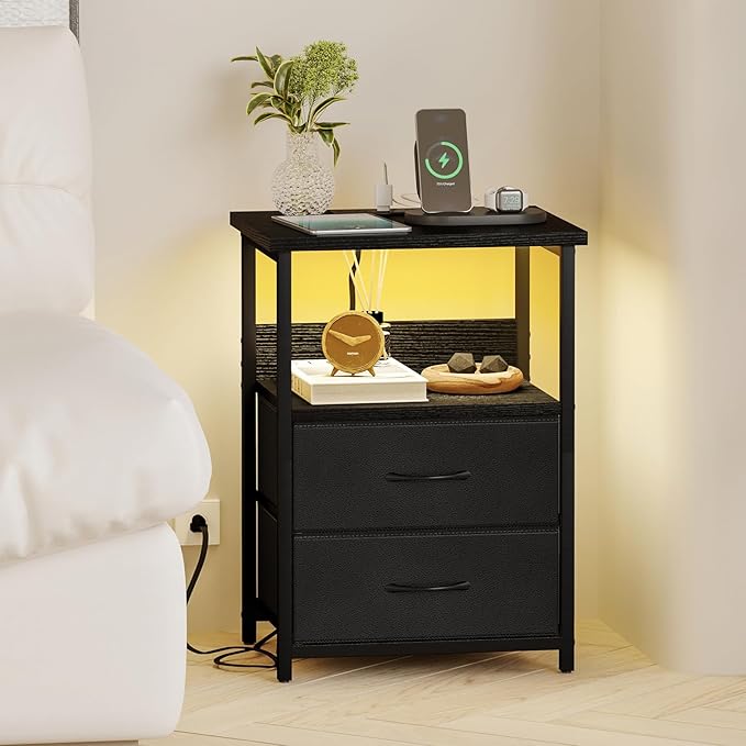 Fixwal Nightstand Set of 2 Night Stand with Charging Station, LED Nightstand with Fabric Drawers, End Table with PU Finish, Bed Side Table, Black