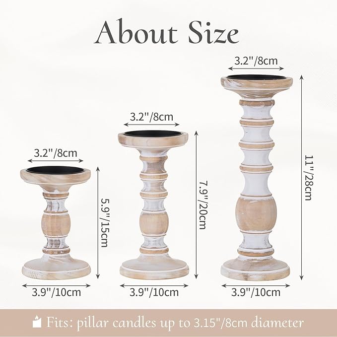 Wood Pillar Candle Holder: 3Pcs Rustic Candle Holders for Pillar Candles Wood Candle Holders Distressed Wooden Farmhouse Large Candle Holder Fireplace Table (Rustic White, 5.9", 7.87", 11")