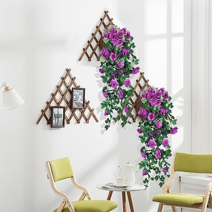 RECUTMS 2Pieces 3.3Ft Fake Hanging Flowers Artificial Rose Plants Wall Décor Wedding Home Garden Decoration (Purple)