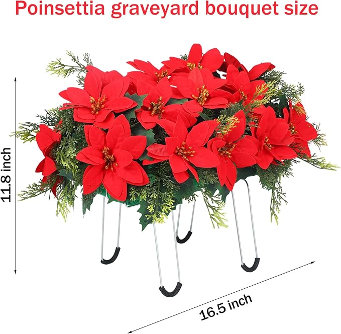 Christmas Cemetery Decorations for Grave Headstone Flower Saddle Artificial Flower Saddles Red Poinsettia Outdoor Memorial Headstone Realistic Bouquet(Red,Classic Style)