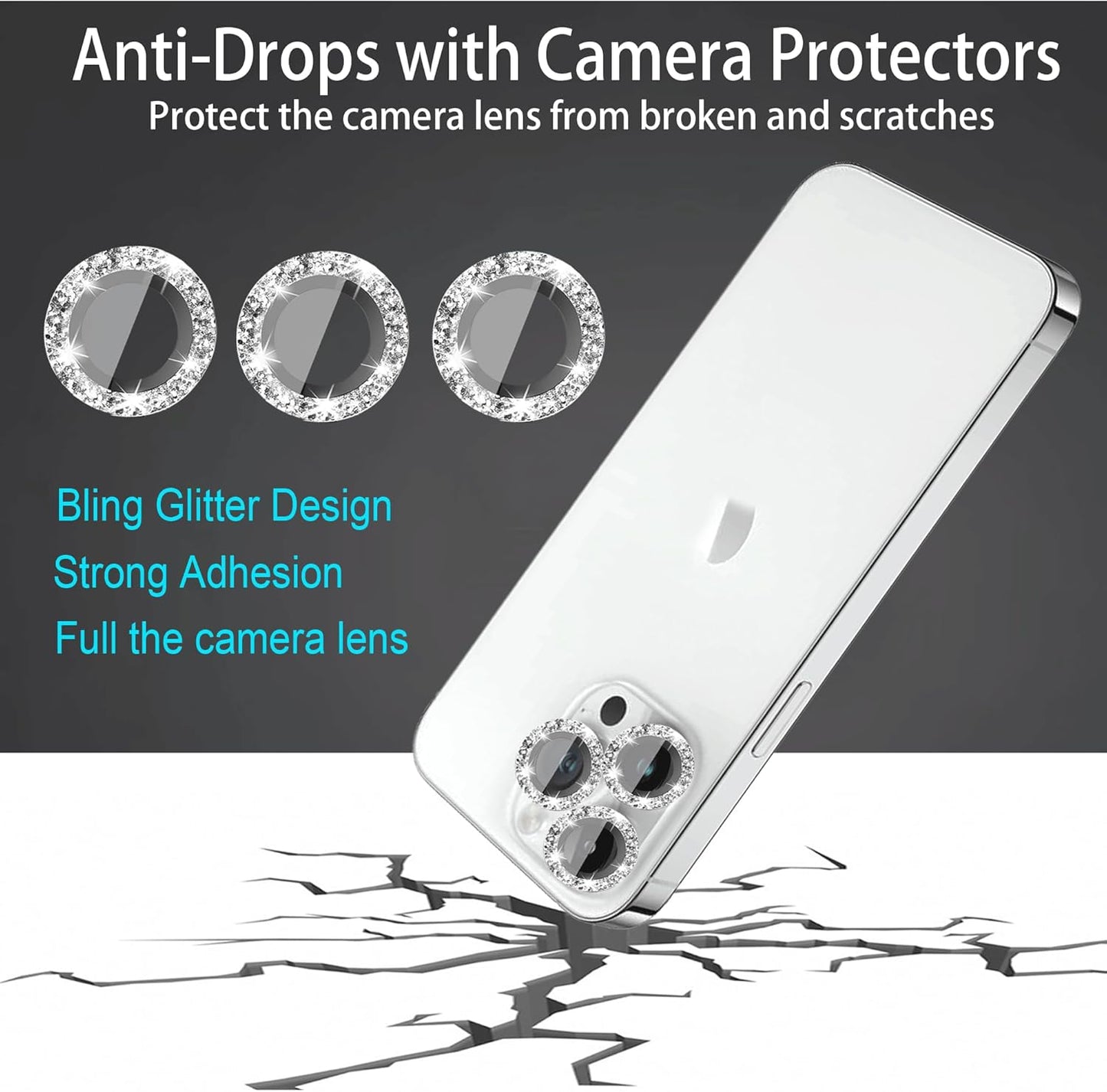 iPhone 11 Series Camera Lens Protector - 3+1 Glitter Bling, Tempered Glass, Case Friendly, Silver Ring Accessories.