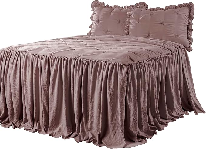 Lush Decor Ravello Pintuck Ruffle Skirt Bedspread Set - Luxe 3 Piece Ruffled Bedding Set - Traditional Glam & Farmhouse Inspired Bedroom Decor - Queen, Woodrose