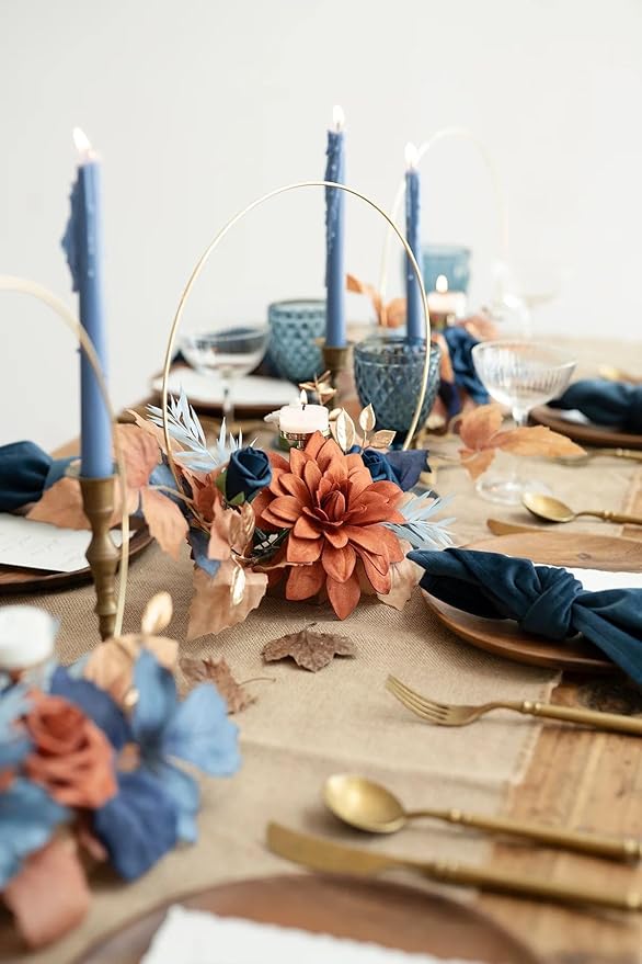 Ling's moment Artificial Flowers Fake Silk Dahlia Faux Foam Roses Combo for DIY Wedding Bouquets Centerpieces Arrangements Bridal Shower Party Home Decorations, Navy Blue & Burnt Orange, 24pcs