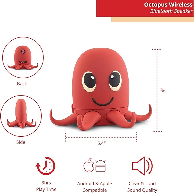 Octopus Bluetooth Wireless Speaker - Bluetooth Speaker for Kids - Portable Bluetooth Speaker in Many Fun Designs - Compatible with iPhone and Android Devices