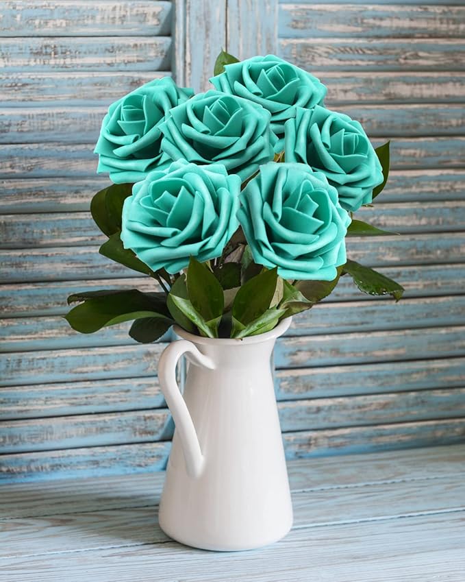 JOYLEX Artificial Flowers Realistic Roses, 50pcs Real Looking Fake Roses with Stem for DIY Wedding Bouquets Centerpieces Bridal Shower Party Home Romantic Decorations (50pcs, Dark Turquoise)