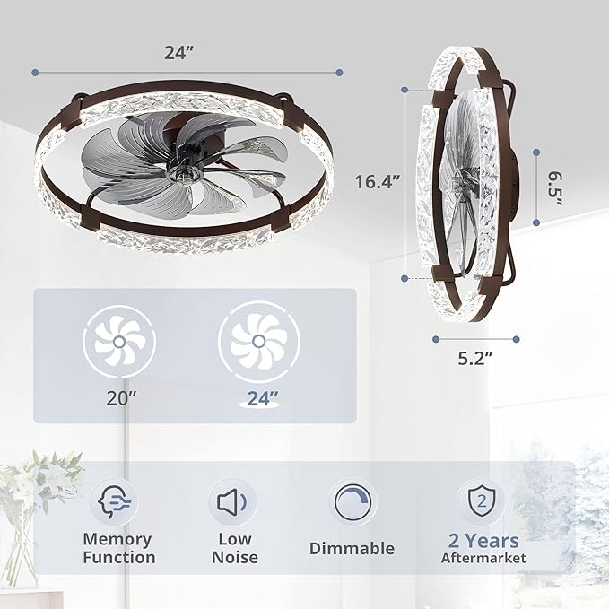 LEDIARY 2 Pack 24 Inch Modern Ceiling Fans with Lights and Remote, Dimmable Flush Mount Ceiling Fan, Brown Low Profile Ceiling Fan with 3 CCT and 6 Speeds