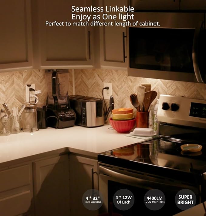 Under Cabinet Lighting Plug in, 32 Inch 4 Pcs, Linkable AC120V 3CCT 3000K/4000K/5000K Ultra Slim, LED Under Cabinet Lights for Counter Light, Kitchen, Shelf, Sink, Workshop, Desk, White