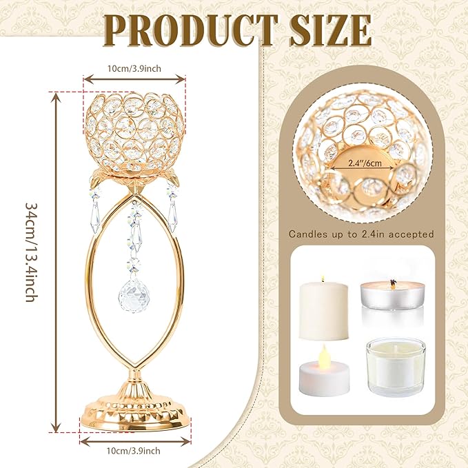 2 Pcs Gold Elegant Metal Crystal Tea Light Candle Holders with Bling Crystal Pendants, Hollow Design - Wedding Table Centerpieces for Anniversary Birthday Party, Home Decor