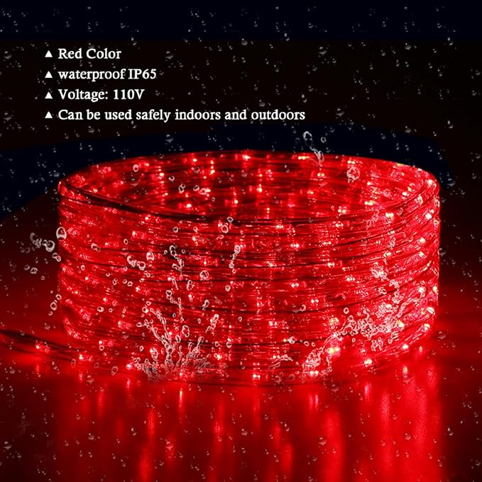 100Ft LED Rope Lights, LED Strip Lights Outdoor Waterproof Decorative Lighting for Indoor/Outdoor, Eaves, Backyards Garden, Halloween and Christmas Decorations(Christmas Red)