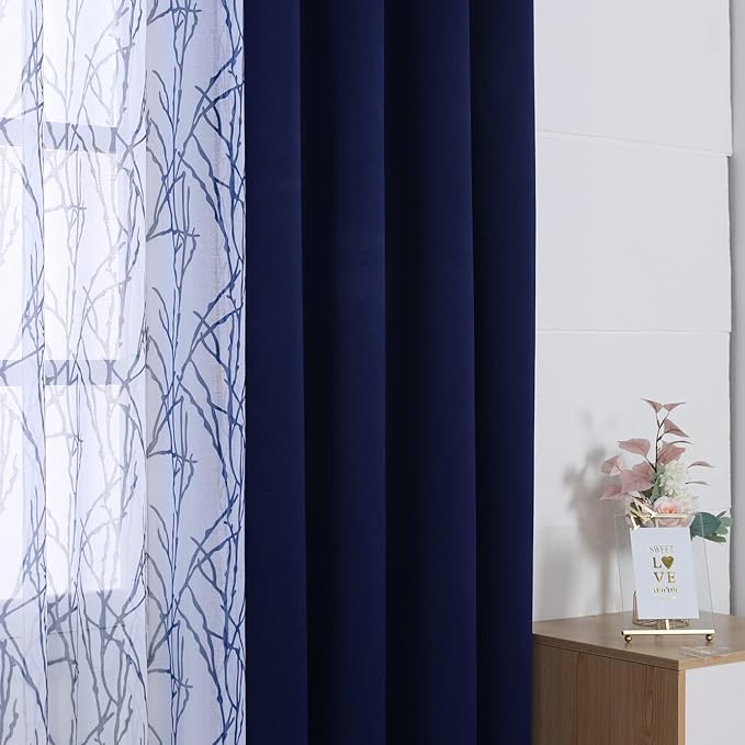 BONZER Mix and Match Curtains - 2 Pieces Branch Print Sheer Curtains and 2 Pieces Blackout Curtains for Bedroom Living Room Grommet Window Drapes, 37x63 Inch/Panel, Indigo, Set of 4 Panels