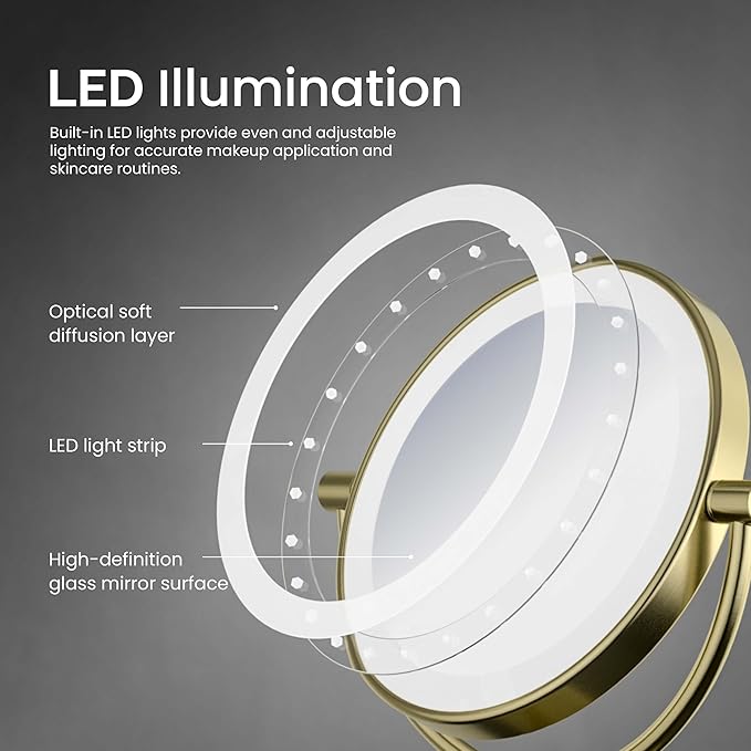 KIBI Circular Wall Mount Makeup Mirror with LED Lights, Dual-Sided 1x/5x Magnifying Mirror with Adjustable Arm, 360° Swivel, Solid Brass Construction for Durability and Style (Brushed Gold, KMM101)