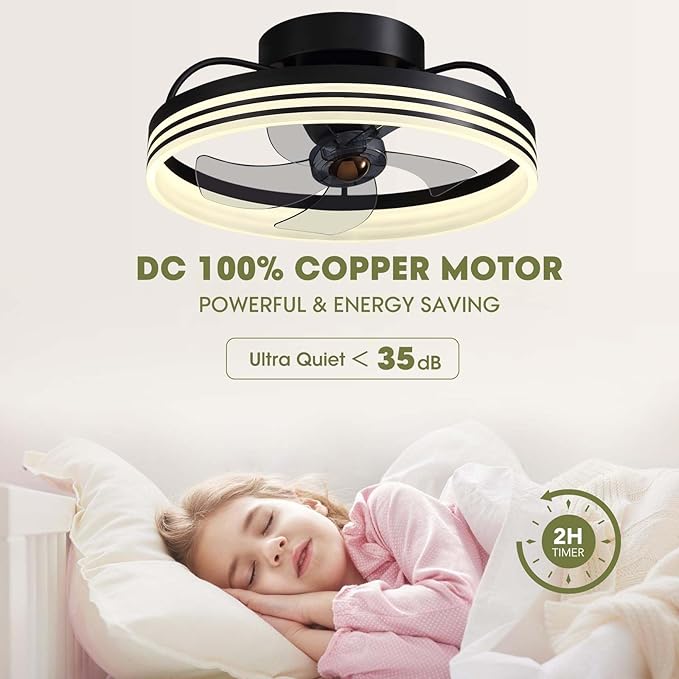 Ceiling Fans with Lights, 360° Rotating Ceiling Fan with Lights and Remote, 6 Wind Speeds Smart Low Profile Ceiling Fan for Bedroom, Kids Room and Living Room 20"