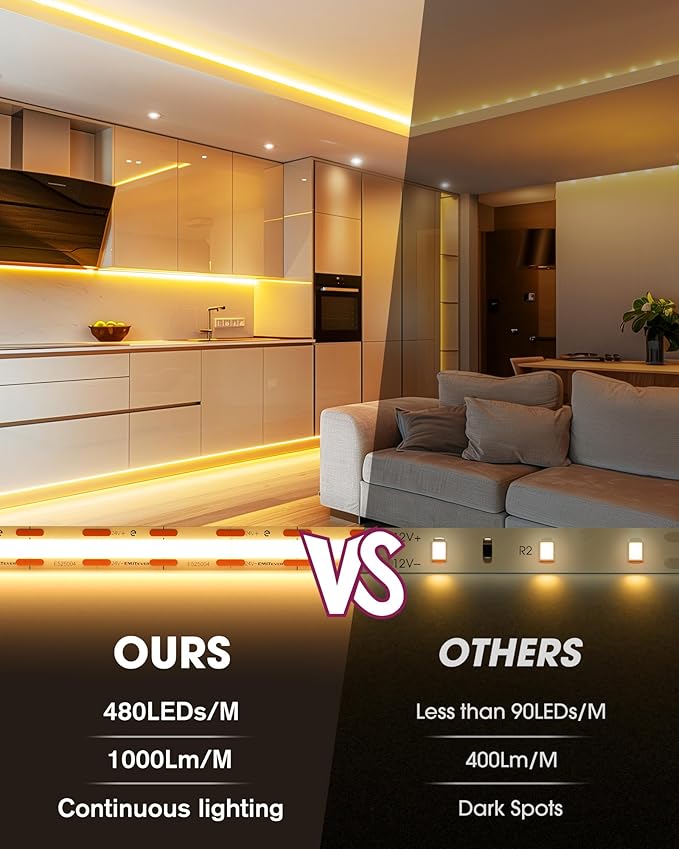 EMITEVER COB LED Strip Lights Kit Warm White with Remote & 24V Power Supply,16.4ft Dimmable Tape Light 2700K, High Density 2400LEDs, 300+LM/FT, CRI90+, Suitable for Bedroom Kitchen Cabinet Lighting