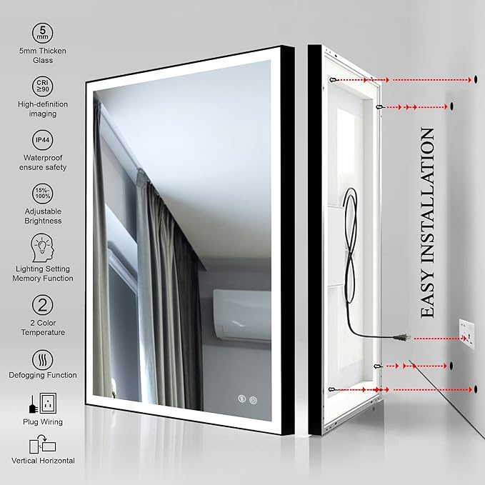 Fab Glass and Mirror LED Lighted Bathroom Mirror 30 x 40 Inch, Black Framed Wall Mounted Dimmable Vanity Mirror, Anti-Fog Touch Sensor, Adjustable Color Warm/White/Natural