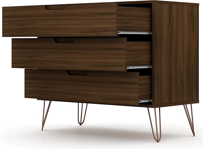 Manhattan Comfort Rockefeller 3 Drawer Dresser for Bedroom Storage, Nursery, Closet, Living Room, Entryway, TV Stand for Screens up to 32 Inches, Anti-Tip Kit Included, Set of 2, Brown