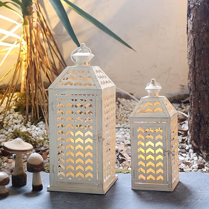 DECORKEY LED Lantern Decorative Indoor & Outdoor, Set of 2 (18' & 13') Metal Candle Lanterns, Vintage Hanging Candle Holder for Front Porch, Patio, Wedding, Farmhouse Home, Christmas Decoration