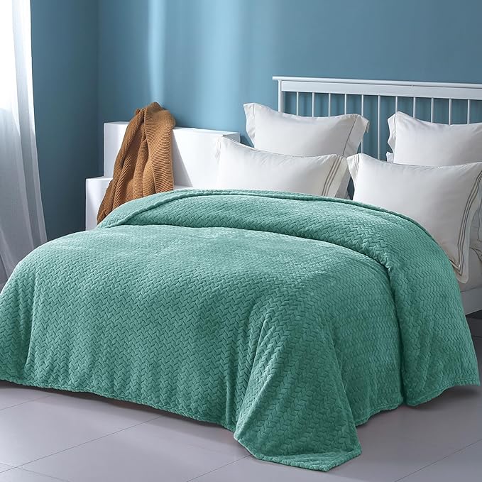 Exclusivo Mezcla Fleece Twin Size Blanket for Bed, 90x66 Inches Soft Cozy Jacquard Flannel Blankets, Lightweight Fuzzy Plush Warm for Winter, Celadon