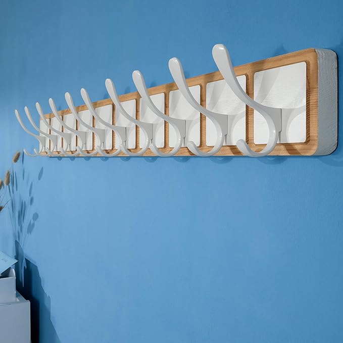 SKOLOO Coat Rack Wall Mount - Scandi-Style Wooden Carved-Block Coat Hook, Wall Coat Hanger with 10 Hooks for Hanging Coats, Hats, Clothing, Scarfs, Natural & White