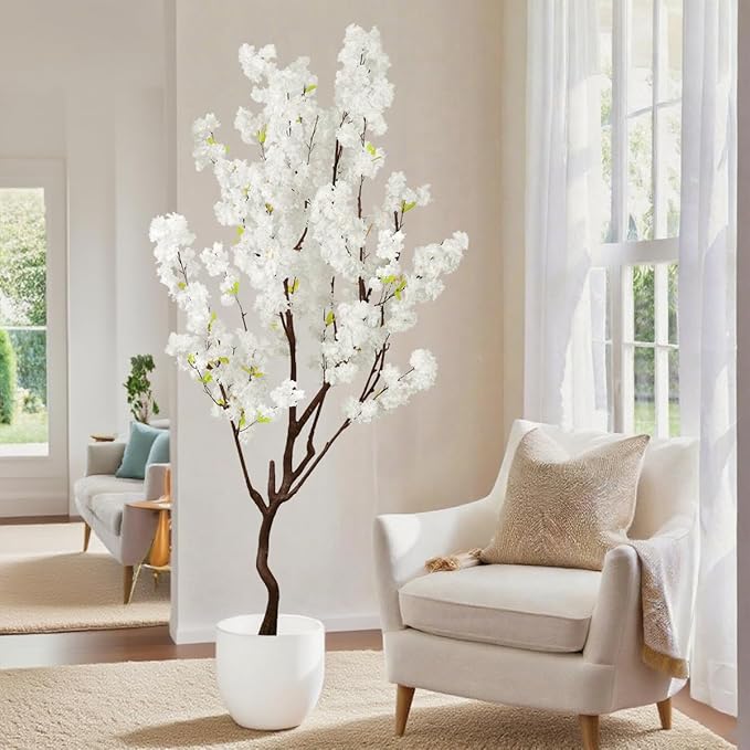 7.2ft Tall Artificial White Cherry Blossom Tree Indoor Decor, Fake Silk Flower Cherry Tree Plant Outdoor, Faux Flowering Tree Realistic for Home Living Room Front Door Office