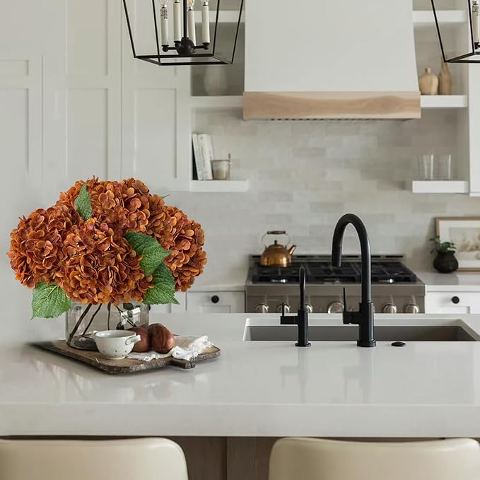 YalzoneMet 4 Pcs Orange Brown Hydrangea Artificial Flowers 21‘’ Real Touch Latex Hydrangea Fake Flowers for Fall Home Decor Party Kitchen Bedroom Bronze Vintage Flower Table Centerpieces