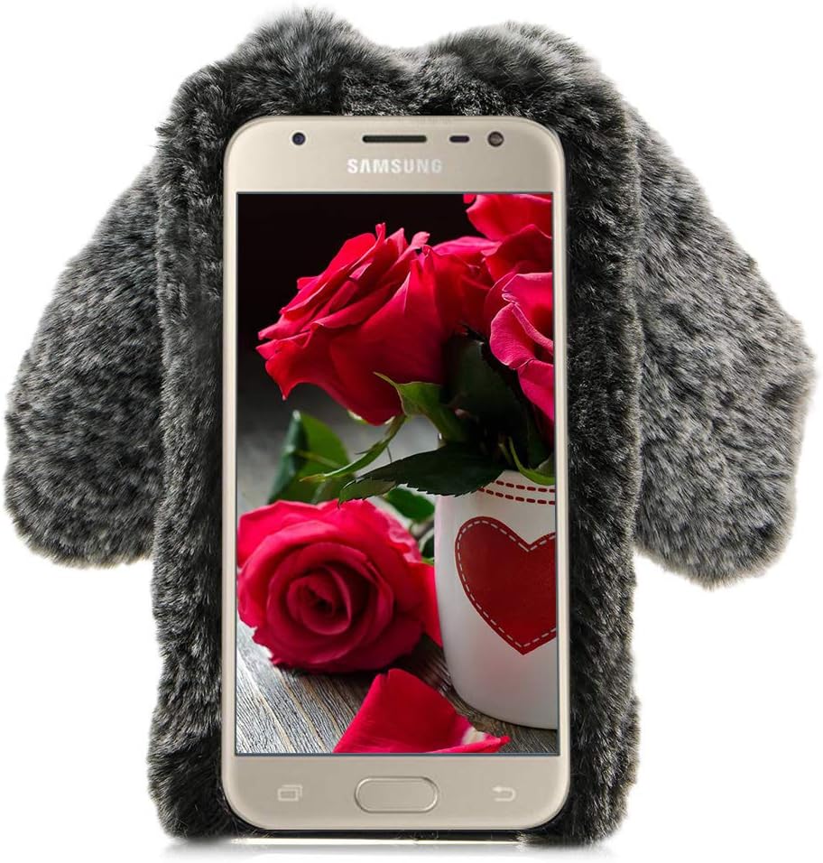 LCHDA Rabbit Case for Samsung Galaxy J3 2018, Cute 3D Bunny Ears Soft Furry TPU Bumper Cover for Women Girls