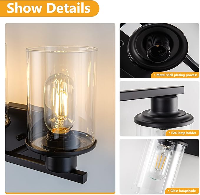 Black Bathroom Vanity Light Fixtures Over Mirror 3-Light Wall Sconce Lamp Lighting Fixtures