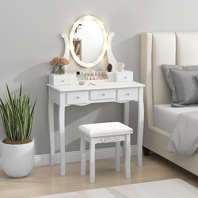 CHARMAID Makeup Vanity Table with Lighted Mirror, Vanity Desk with 10 LED Lights, Adjustable Brightness, 5 Drawers and Removable Storage Organizer, Bedroom Dressing Table with Stool (White)