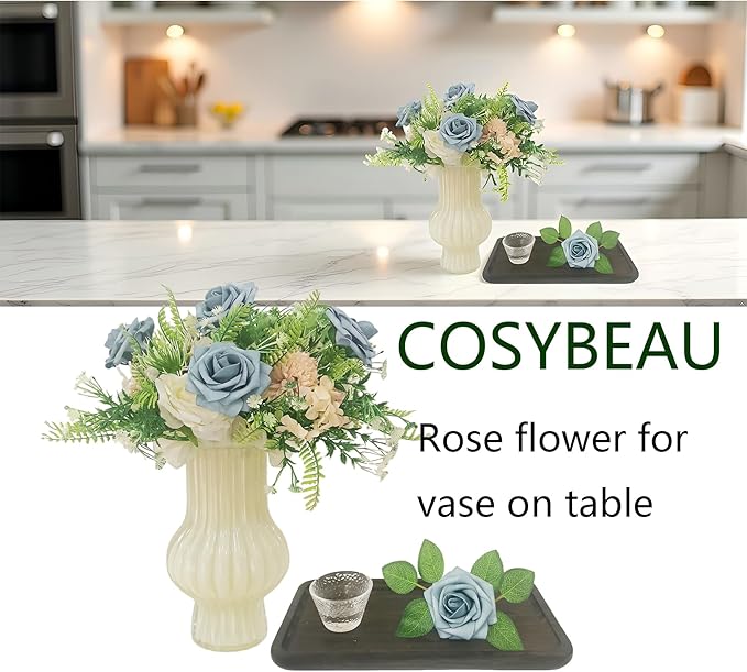 Artificial Rose Flowers 25pcs, Dusty Sea Blue Foam Fake Rose Faux Flower for Wedding Bouquets Bridal Shower Centerpieces Floral Arrangements Home Decorations Party Backdrops Table