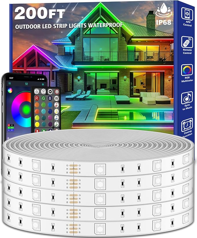 zoegi 200FT Outdoor LED Strip Lights Waterproof,Music Sync RGB IP68 Outside Led Light Strips Waterproof with App and Remote,Exterior Led Rope Lights for Deck,Balcony,Roof,Garden,Pool