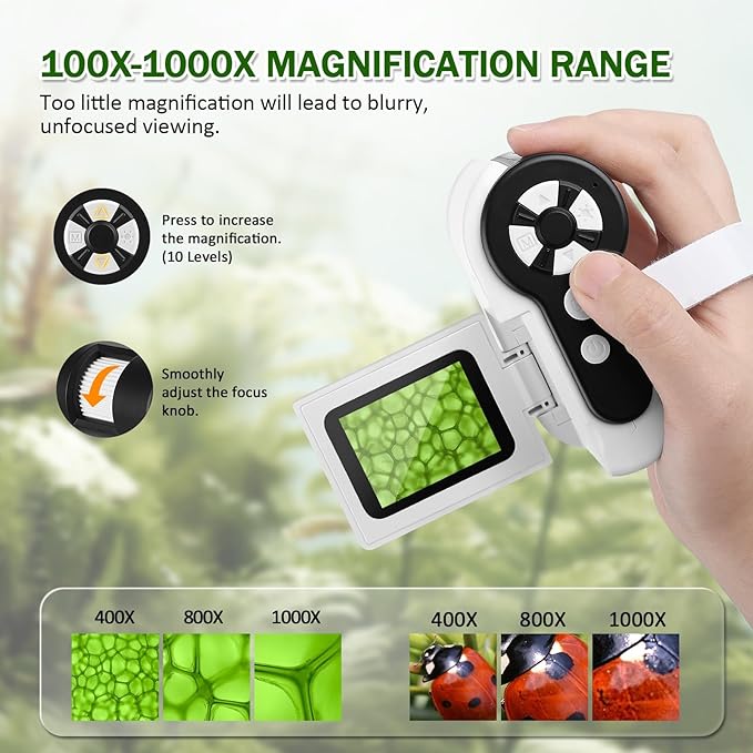 1000X Handheld Microscope for Kids, 4K 2.0" Screen Mini Pocket Microscope with 6 Adjustable LED Lights, Edu Science Birthday Gifts for Kids Ages 8-12, 32G SD Card Included