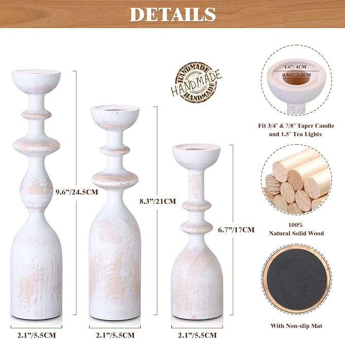 HOWSILAY Wood Candle Holder Candlestick Holders for Table Centerpiece - Rustic Farmhouse Decor Candle Stand fits 3/4" or 7/8" Taper Candle&Dia 1.5" Led Tea Lights or Pillar Candles(White)