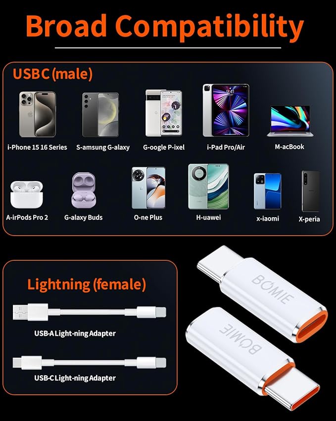 BOMIE Light-ning to USB C Adapter 4Pack,PD Fast Charging and Data Transfer,USB C Charger Connector Cable for M-acBook,Phone 15/16/17 Pro Max,Pad,G-alaxy,X-peria,No for Headphone/OTG/Flash Drive/Pencil