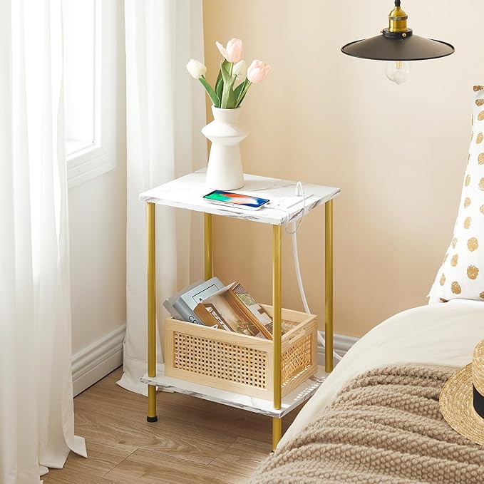 HOOBRO Side Table with Charging Station, End Table with USB Port and Outlet, Nightstand with 2-Layer Storage Shelves for Small Spaces, Living Room, Bedroom, Stable Frame, Gold and Marble DM09UBZ01