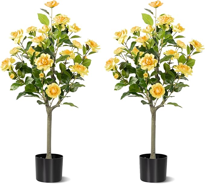 Artificial Camellia Tree 2 Pack, Artificial Plants Outdoor Faux Floral Plant in Cement Pot Fake Silk Camellia Tree Plants for Home House Living Room Office Decor