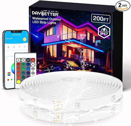 Outdoor LED Strip Lights Waterproof 200ft, IP67 Waterproof LED Light Strips with Remote, Music Sync APP Control, RGB Color Changing LED Lights for Roof, Balcony, Deck, Pool, Patio, Outdoor Decorations