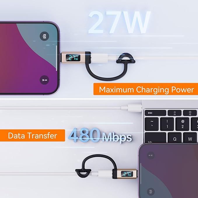 pzoz USB C to Lightning Adapter with LED Display, 27W Type C PD Fast Charging Lighting Adaptor for Phone 14/13/12/11/XS/XR/SE/AirPods, Fits MacBook Charger Cable, Support Data Transfer (1 Pack)