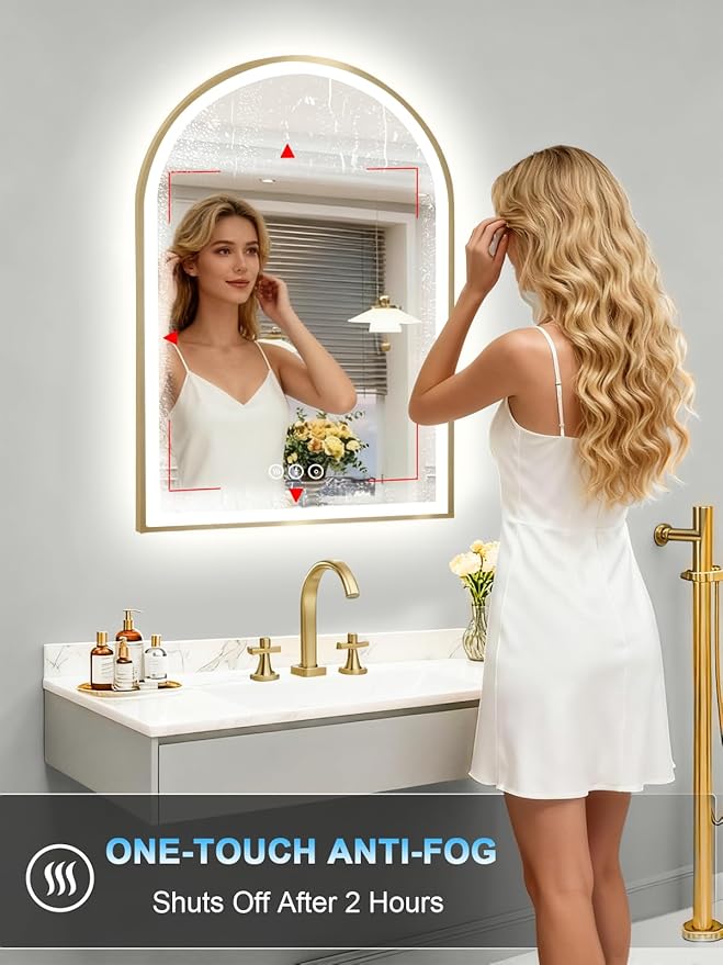 Gold Arch Mirror with Lights, 24x36 Inch Led Mirror for Bathroom, Wall-Mounted Mirror with Anti-Fog, Memory Function, 3 Color Temperature, Dimmable Led Bathroom Mirror