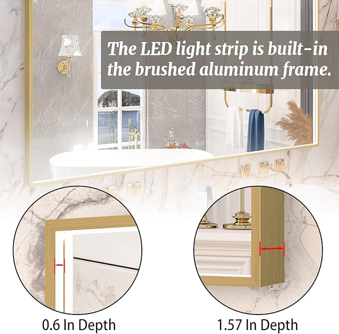 60x36 Inch LED Bathroom Mirror, Gold Metal Framed Lighted Mirror for Bathroom, Wall Mouted LED Vanity Mirror with Lights, 3 Colors and Stepless Dimmable, Anti-Fog, Memory