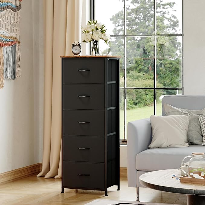 Somdot Tall Dresser for Bedroom with 5 Drawers, Storage Organizer Chest of Drawers with Removable Fabric Bins for Closet Bedside Living Room Laundry Entryway Hallway, Black Rustic Brown